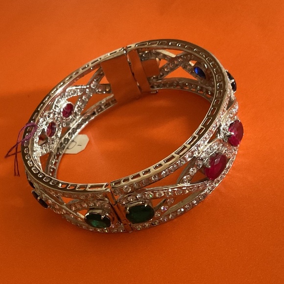 NWT Sterling Silver 925 Genuine Ruby/Emerald/Sapphire White Crystal wide bracele - Picture 10 of 15